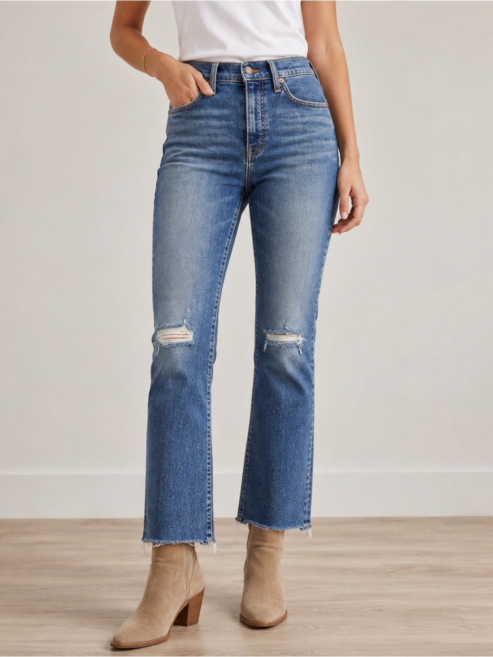Madewell Slim Demi-Boot Jeans Size 28 Distressed Raw Hem Mid Rise Stretch Denim